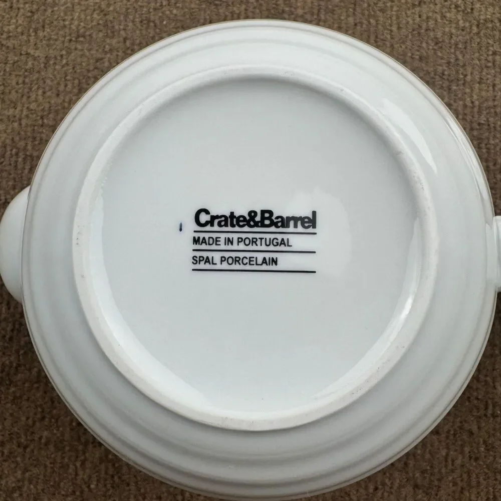 CRATE & BARREL Spal Roulette White Ribbed Porcelain Teapot Blue Trim Excellent
